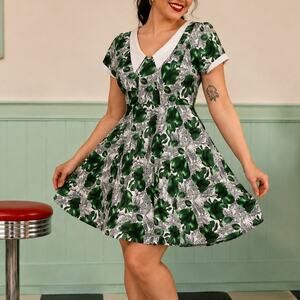 Hearts & Roses Green Floral Swing Dress M 12 White Collar Retro Pinup Rockabilly